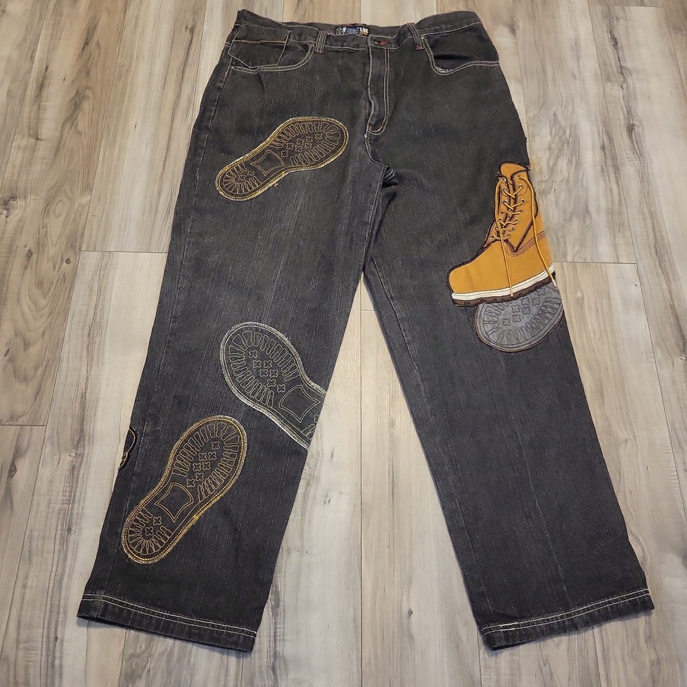 Vintage Raw Blue Shoe Boot Jeans Size 40x33 Y2K Skater Wide Leg Embroidered
